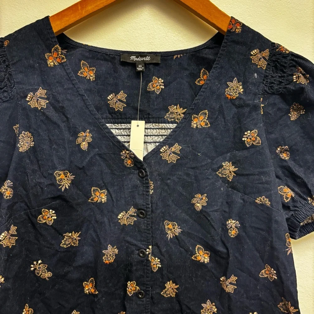 NWT Madewell Corduroy Bubble Sleeve Crop Shirt Britannica Blockprint